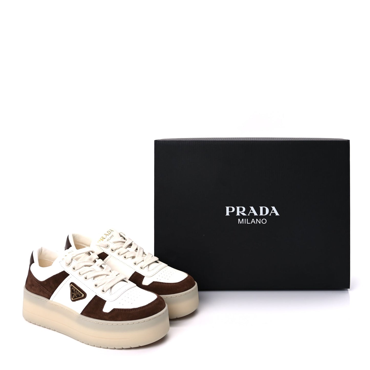 Prada Suede Nappa Triangle Womens Downtown Platform Low Top Sneakers 37.5 White Cocoa Brown