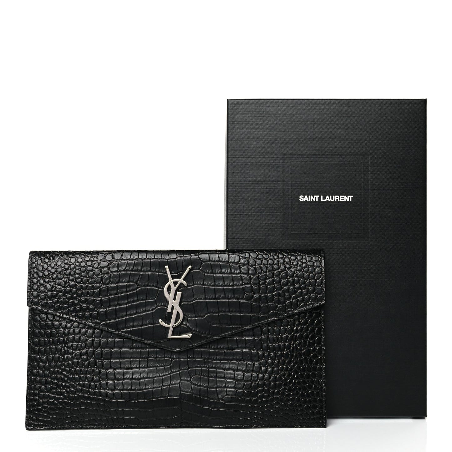 Saint Laurent Calfskin Crocodile Embossed Uptown Monogram Clutch Black