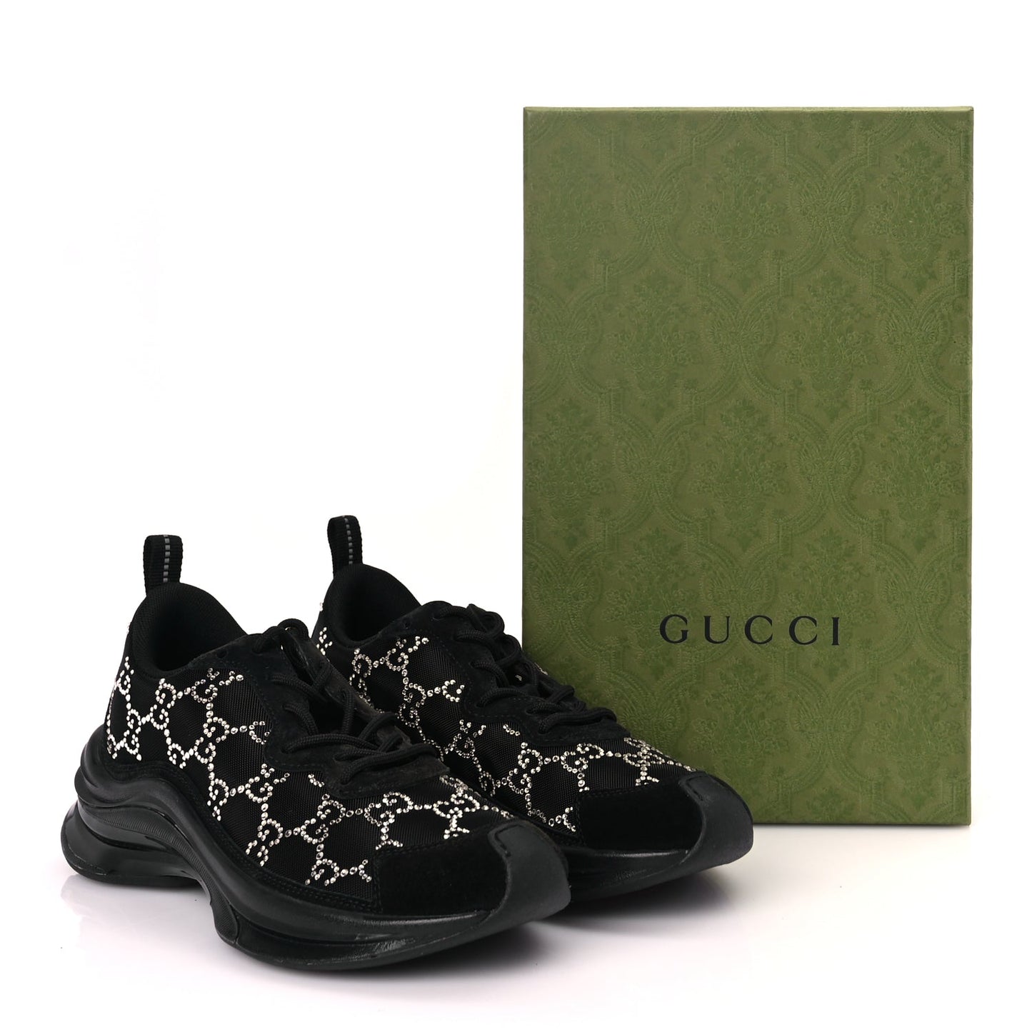 Gucci Mesh Crystal Suede GG Monogram Womens Gucci Run Sneakers 36 Black Silver