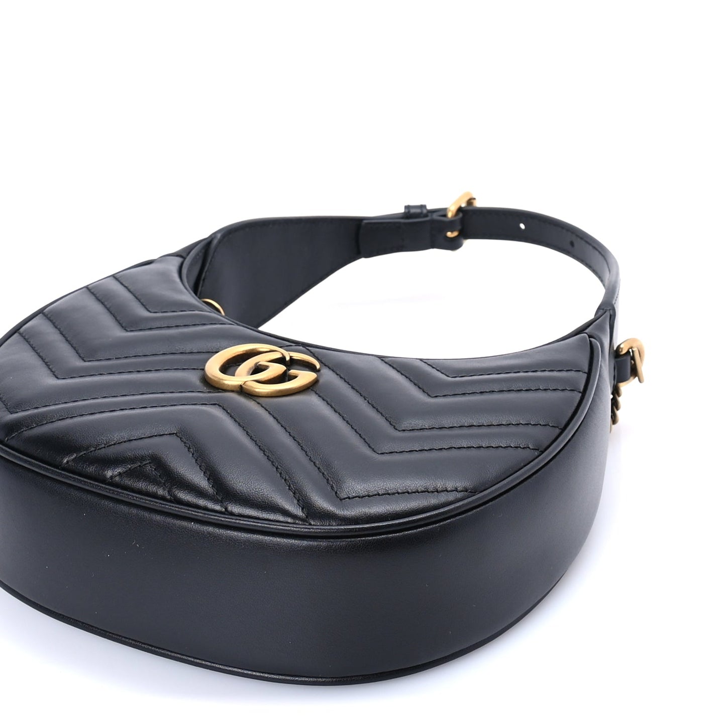 Gucci Calfskin Matelasse Chevron Mini GG Marmont Half Moon Hobo Black