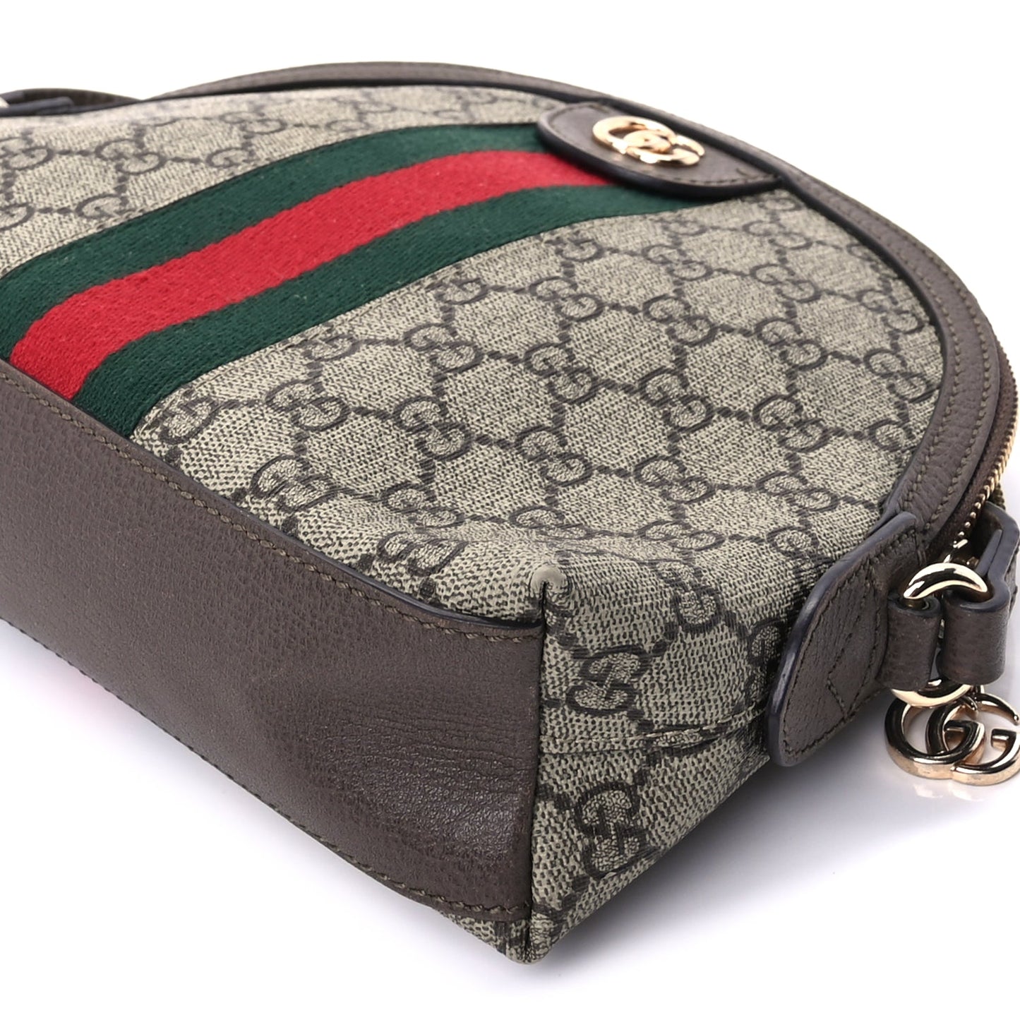 Gucci GG Supreme Monogram Textured Dollar Calfskin Web Small Ophidia Dome Shoulder Bag Beige Ebony New Acero