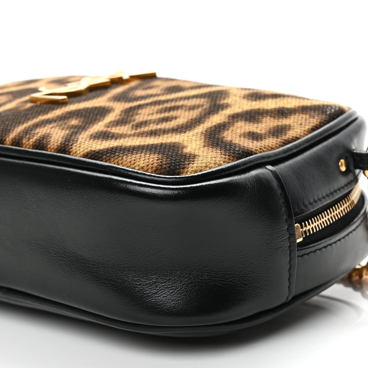 Saint Laurent Canvas Calfskin Leopard Print Monogram Mini Lou Camera Bag Brown