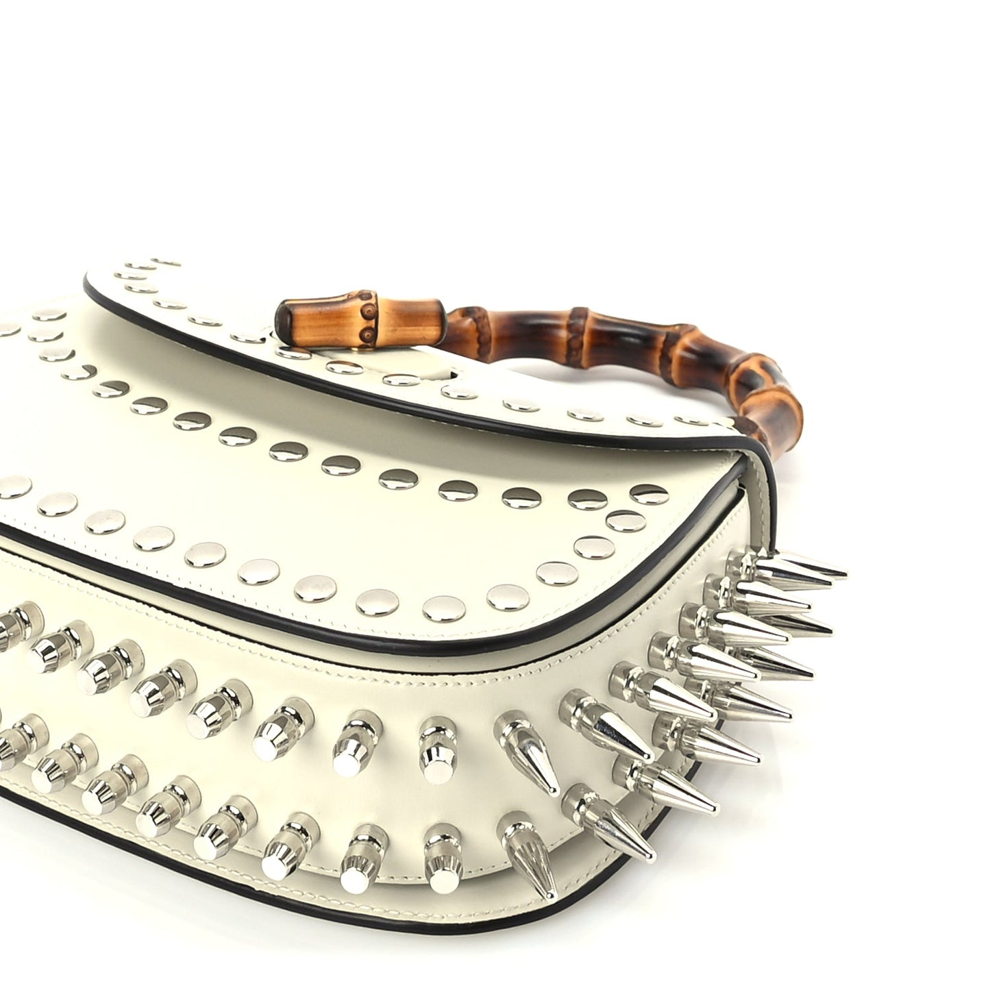 Gucci Boarded Dyana Lux Studded Calfskin Web Small Bamboo 1947 Top Handle Bag Mystic White