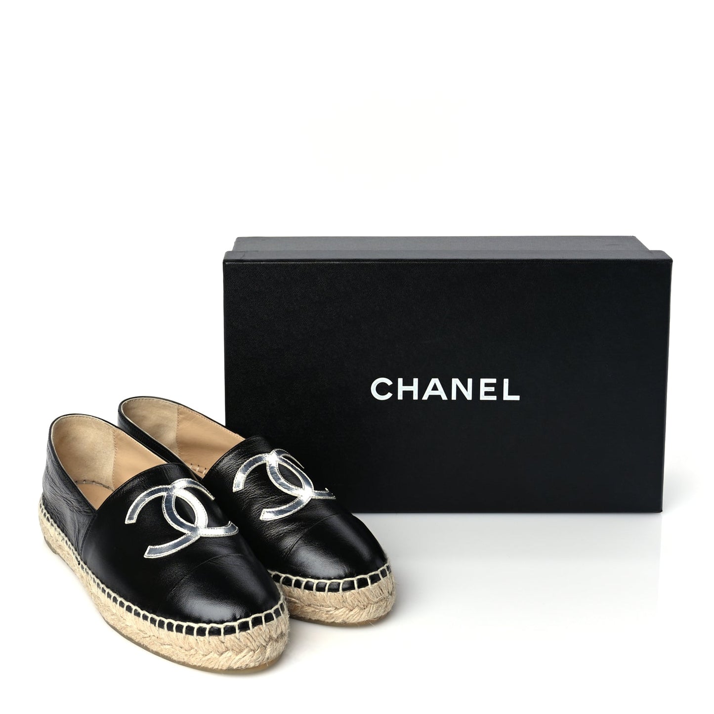 Chanel Patent Calfskin Metallic Goatskin CC Espadrilles 37 Black Silver