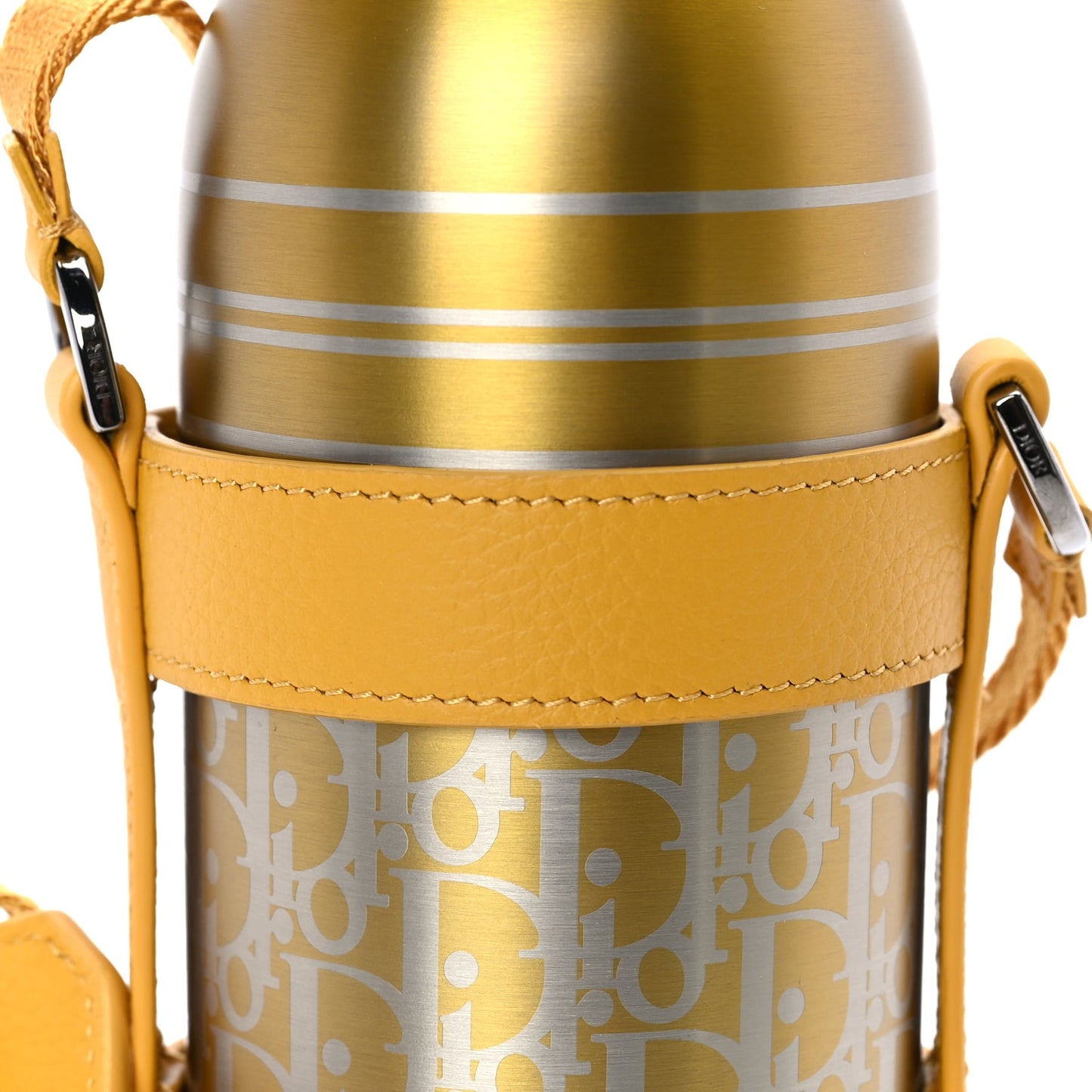 Christian Dior Oblique Stainless Steel Grained Calfskin Aqua Bottle With Shoulder Strap Yellow