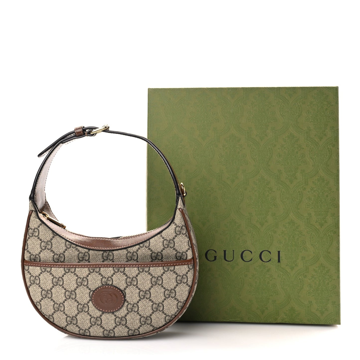 Gucci GG Supreme Monogram Azalea Calfskin Mini Retro Interlocking G Half Moon Bag Beige Ebony Brown Sugar