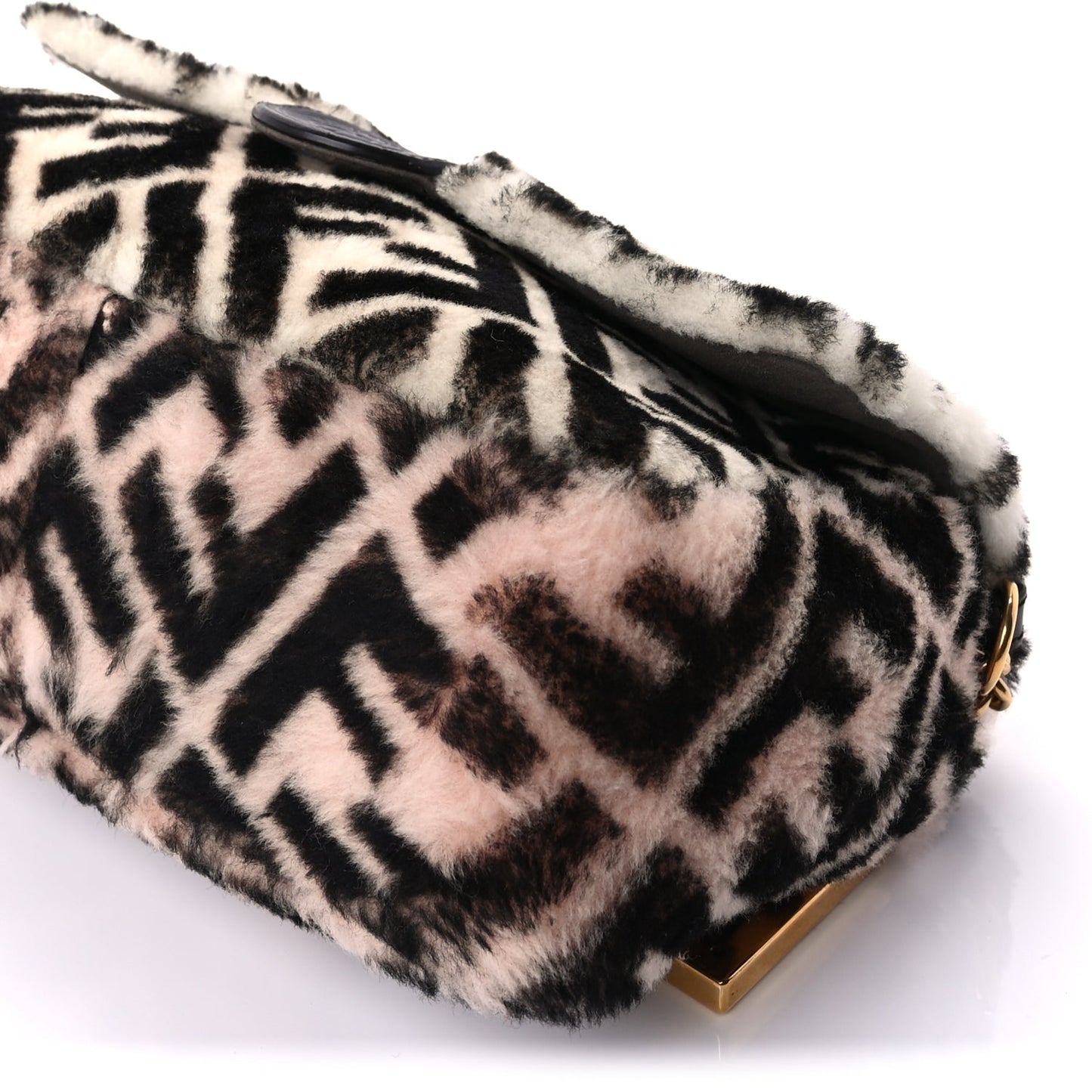 Fendi Shearling Vitello Dolce Macro FF 1974 Baguette White Ice Tortora
