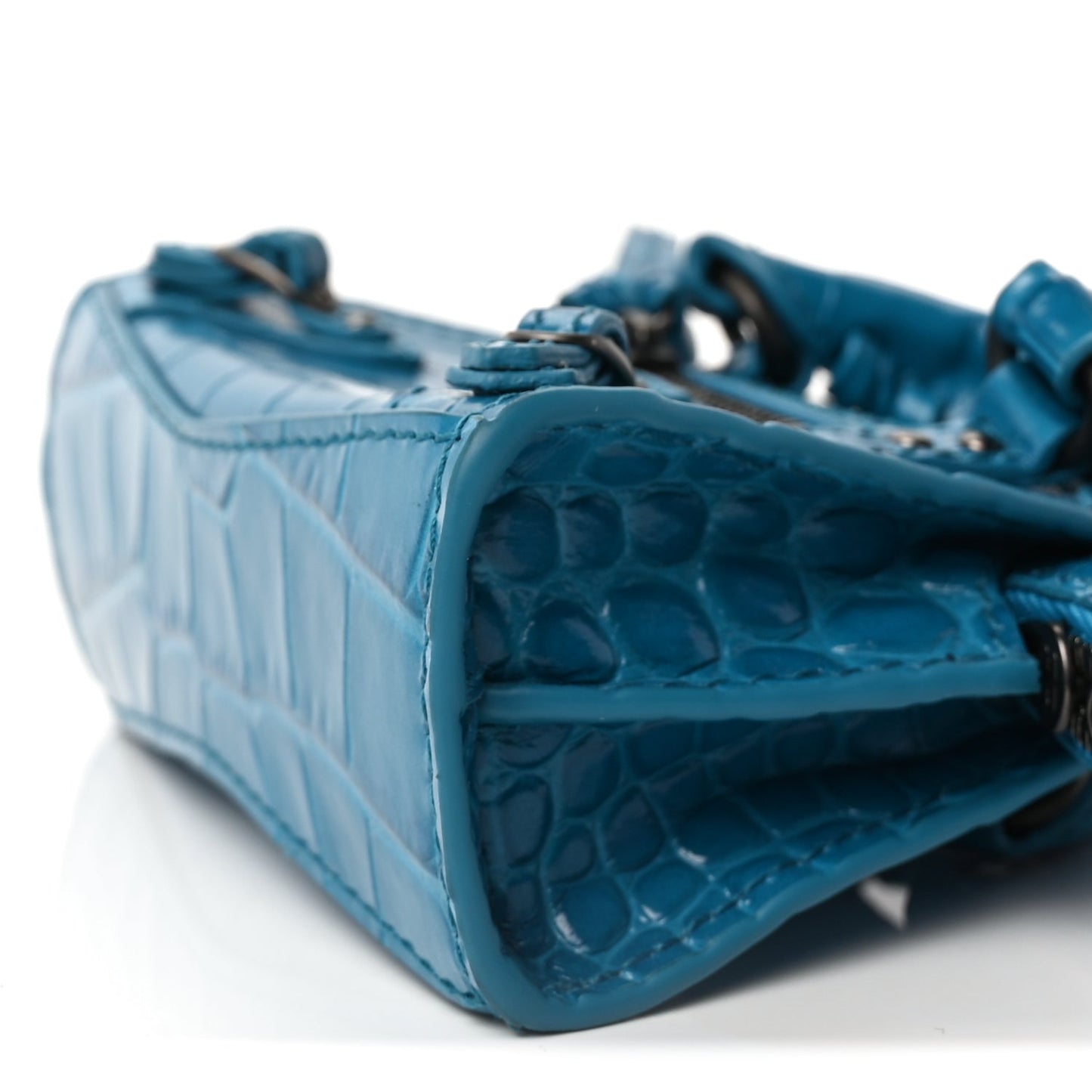 Balenciaga Extra Supple Calfskin Crocodile Embossed Neo Classic Silver Hardware Super Nano City Crossbody Cyan