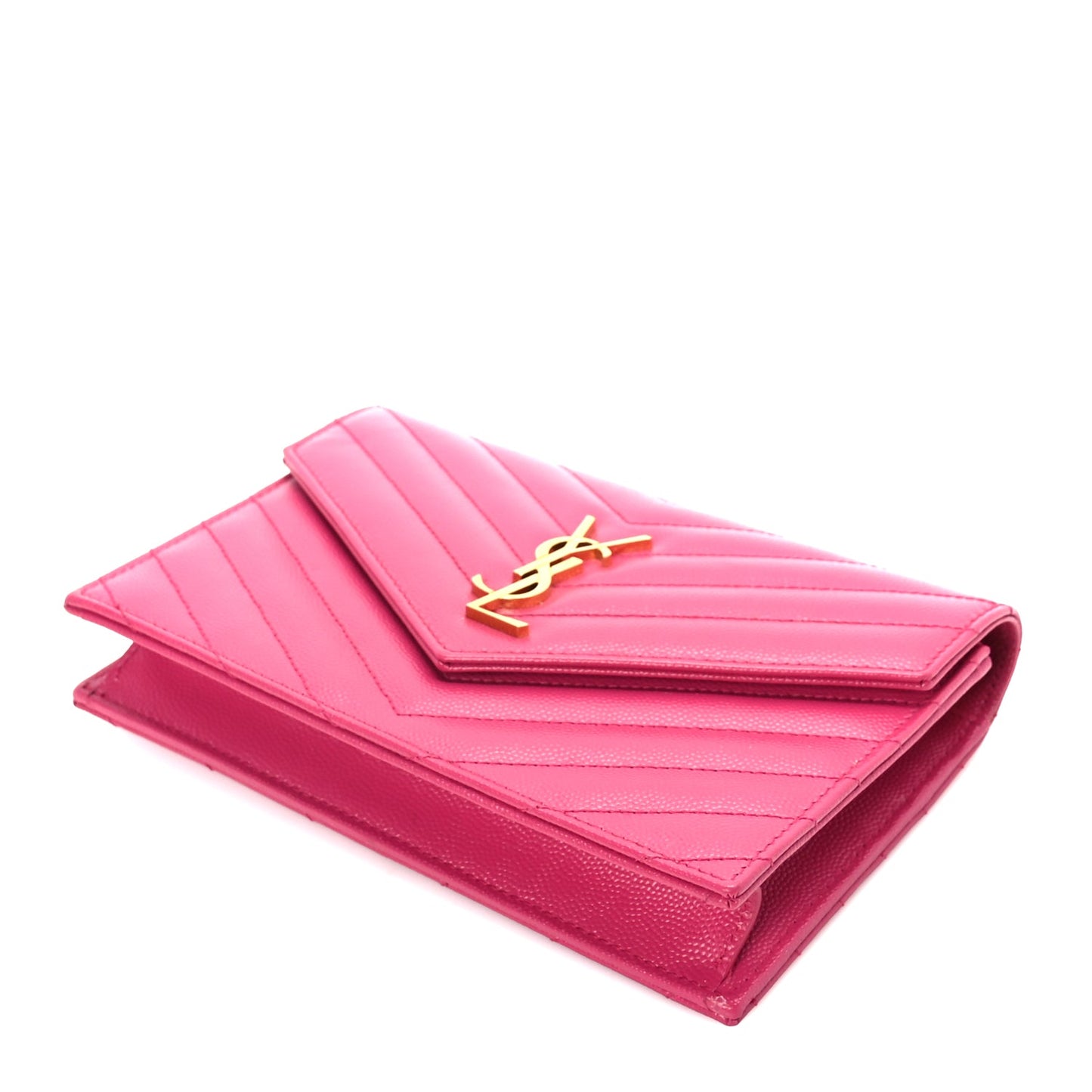 Saint Laurent Grain De Poudre Matelasse Chevron Monogram Envelope Chain Wallet Fresh Fuchsia
