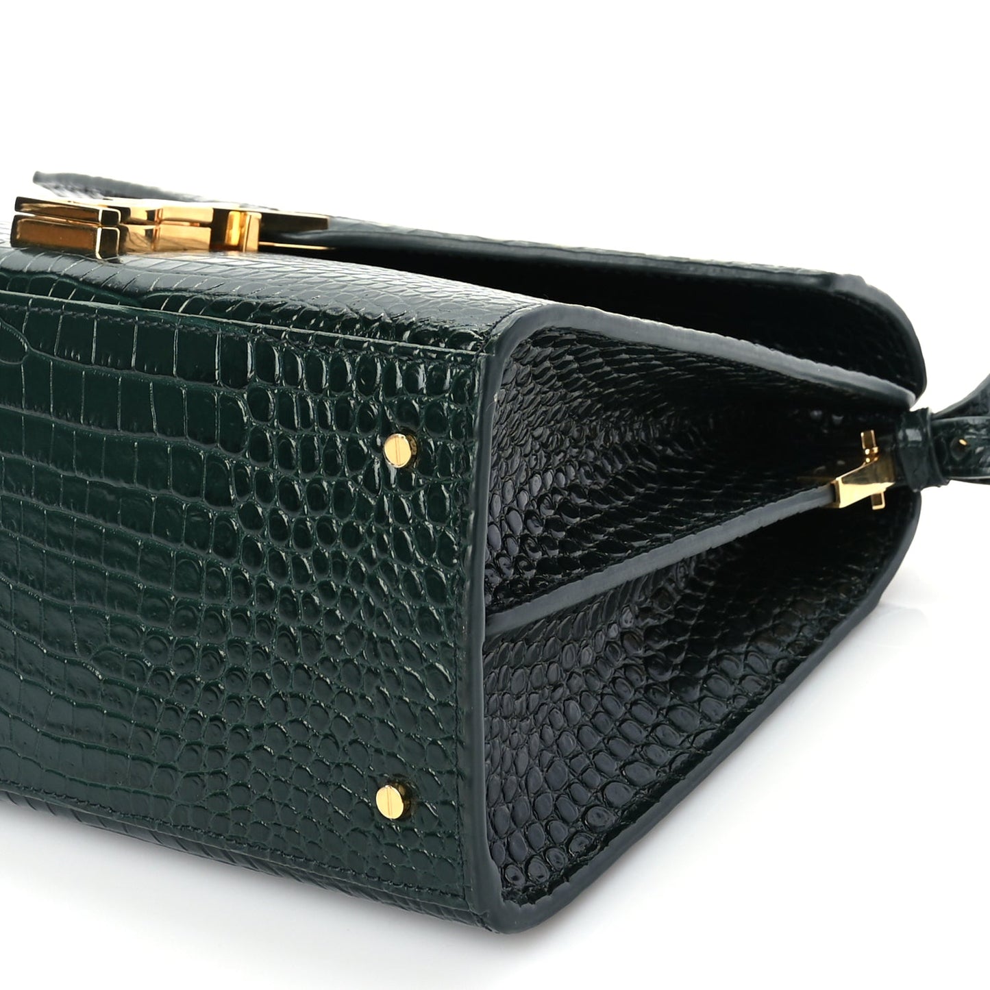 Saint Laurent Calfskin Crocodile Embossed Medium Classic Monogram Cassandra Top Handle Dark Mint