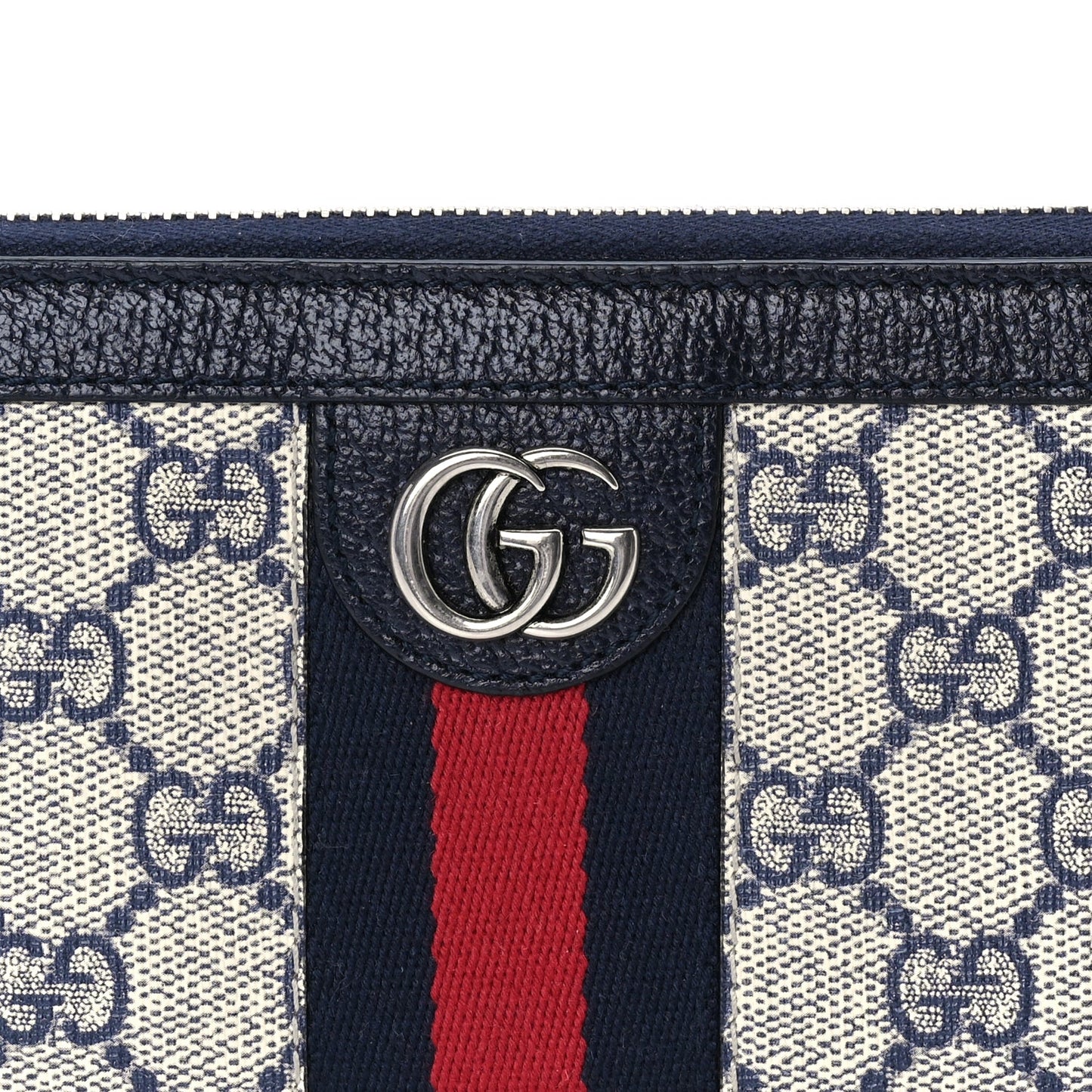 Gucci GG Supreme Monogram Textured Dollar Calfskin Web Ophidia Zip Around Wallet Beige Blue