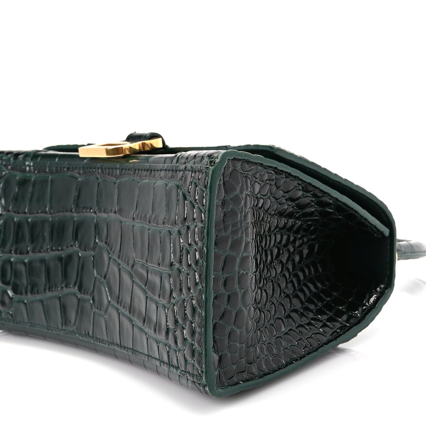 Balenciaga Shiny Calfskin Crocodile Embossed Small Hourglass Top Handle Bag Forest Green