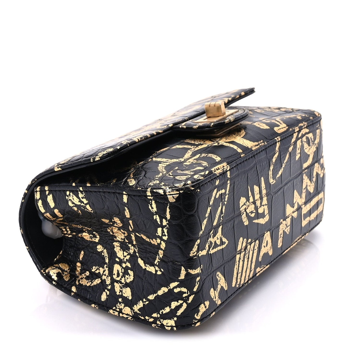 Chanel Calfskin Crocodile Embossed Graffiti 2.55 Mini Cocodile Reissue Flap Black Gold
