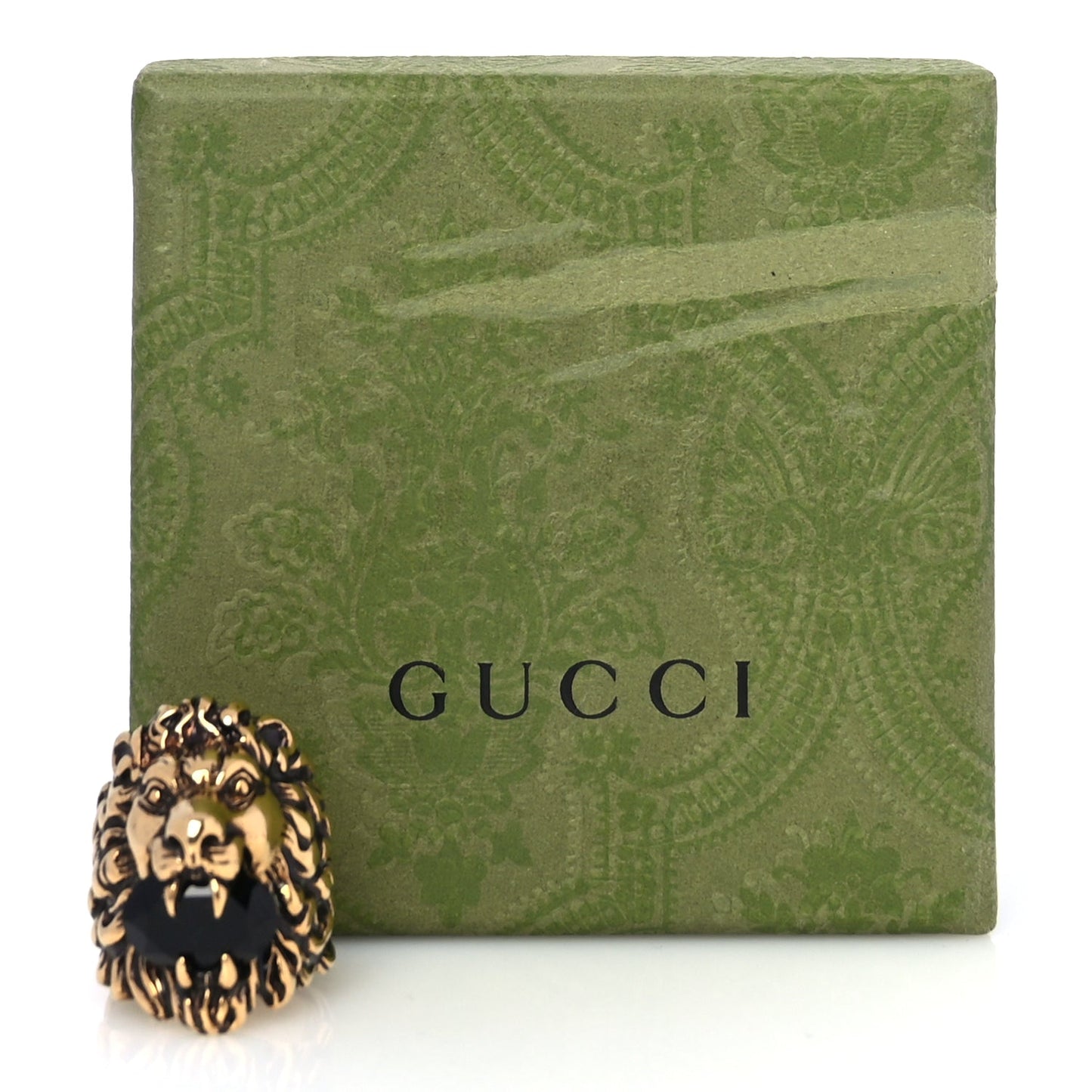 Gucci Metal Crystal Lion Head Ring 19 Black Aged Gold