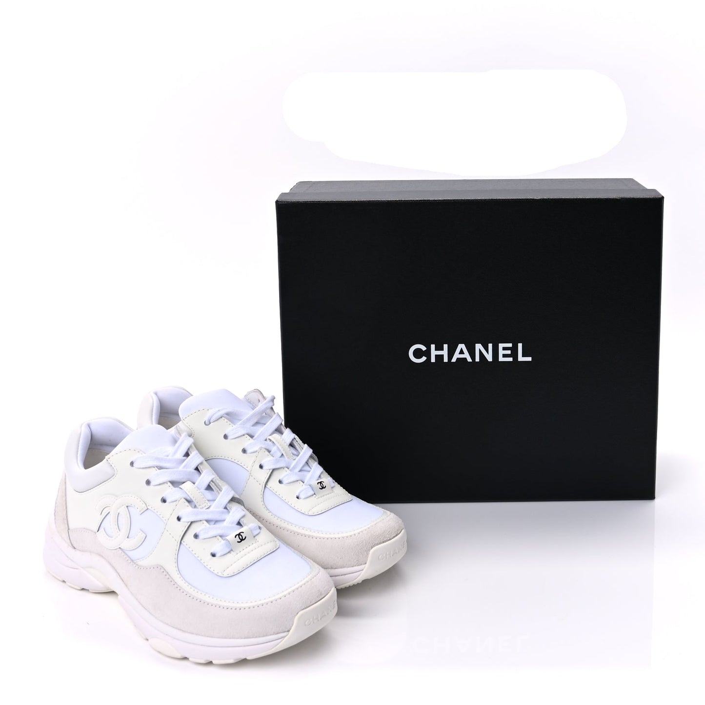 Chanel Suede Calfskin Fabric CC Sneakers 37.5 White