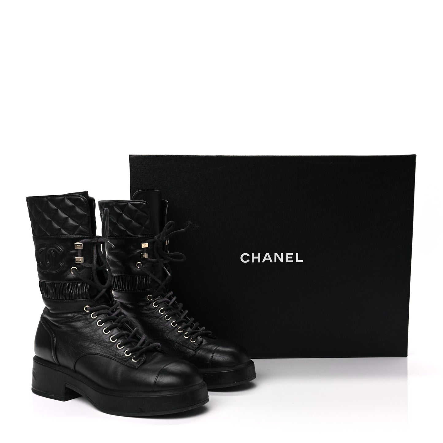 Chanel Lambskin Quilted Lace Up Combat Boots 37 Black
