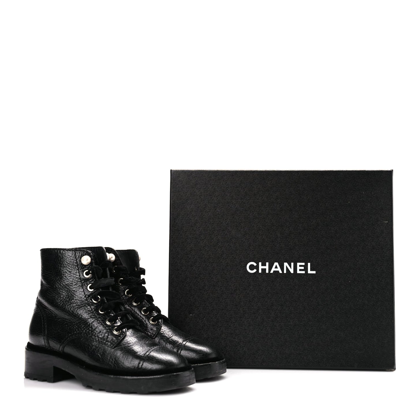 Chanel Shiny Calfskin Velvet Pearl Combat Short Boots Black