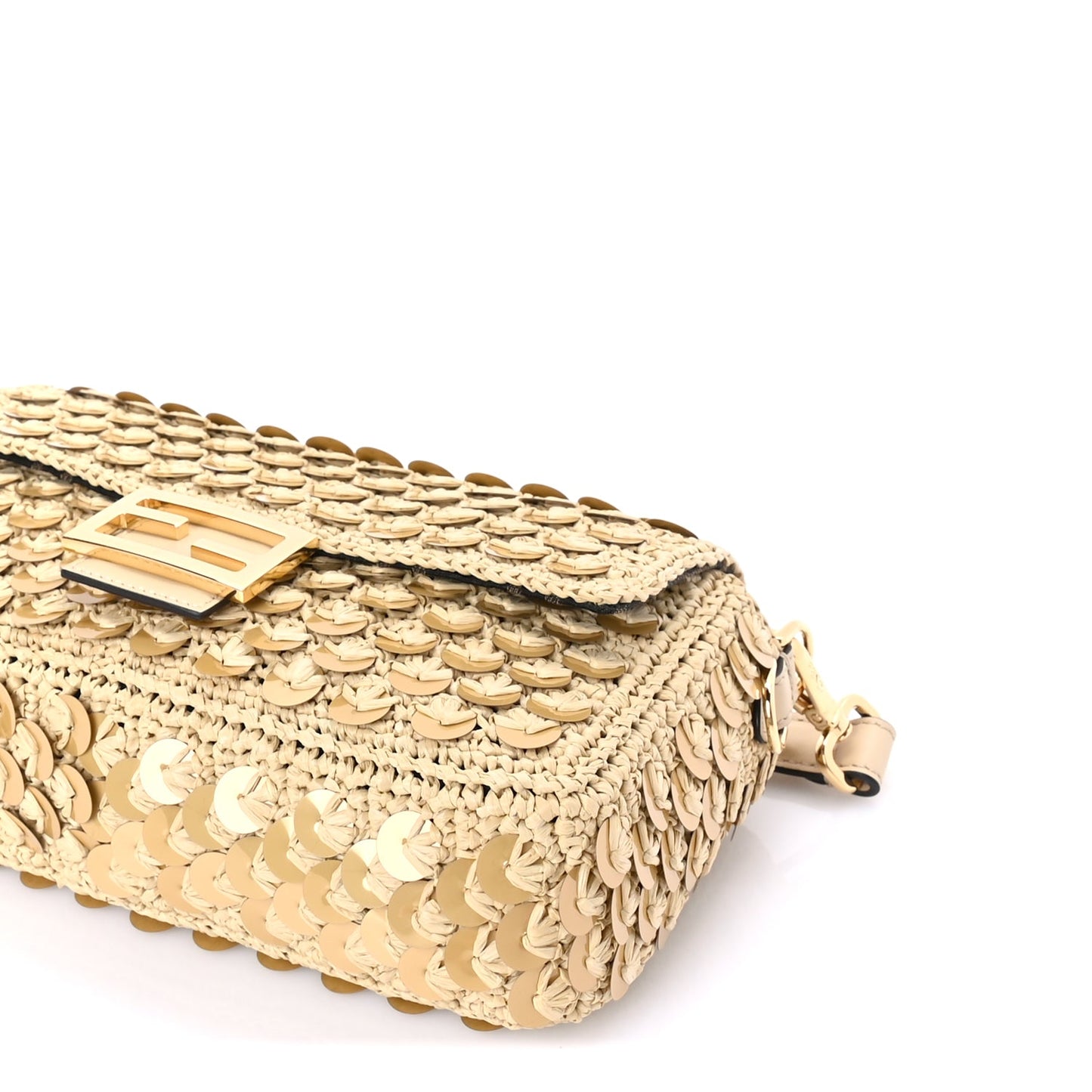 Fendi Sequin Macrame Baguette Beige Gold