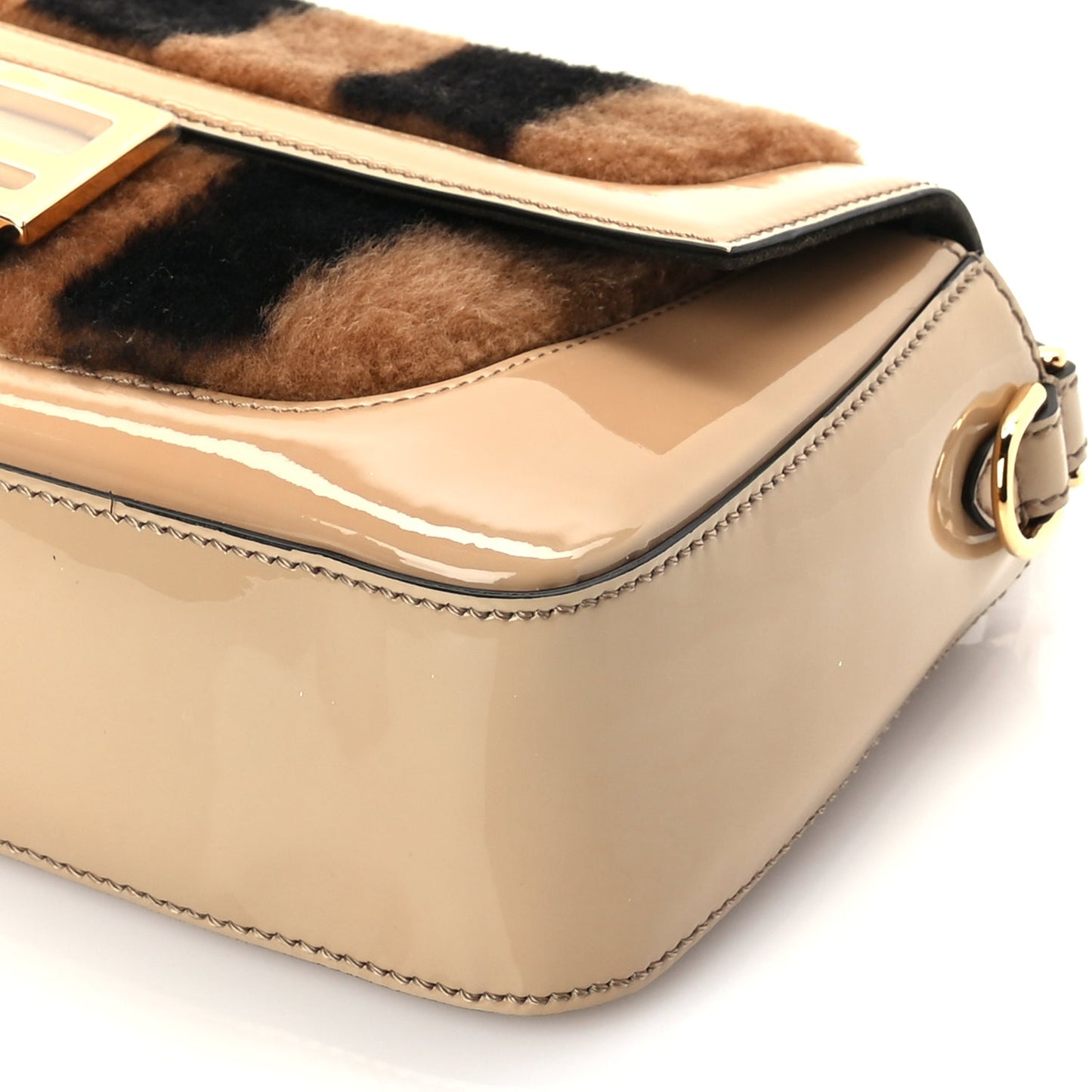 Fendi Shearling Vitello Vernice Mou Pequin Striped Baguette Tobacco Black Tortora