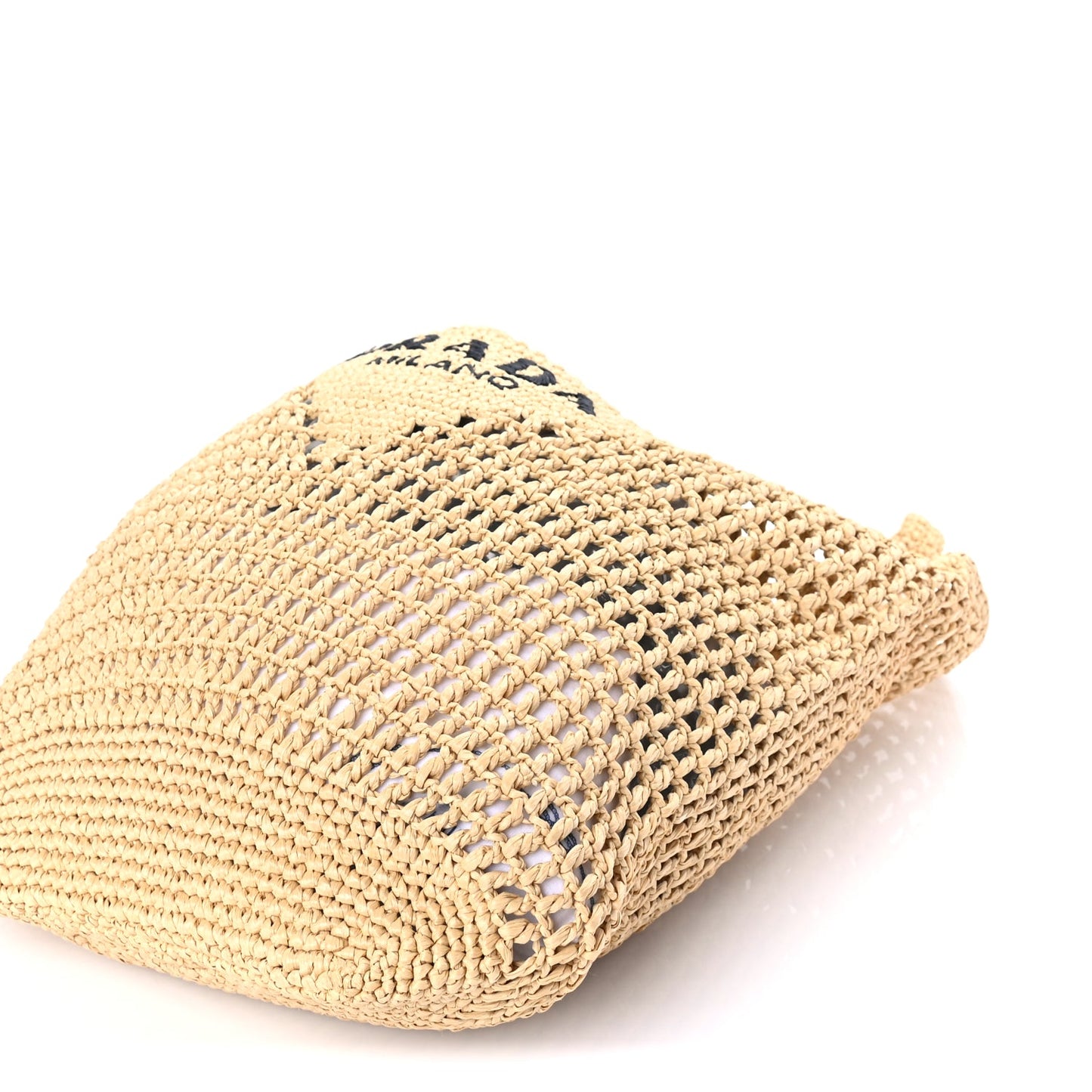 Prada Yarn Raffia Effect Crochet Logo Embroidered Shopping Tote Bag Naturale