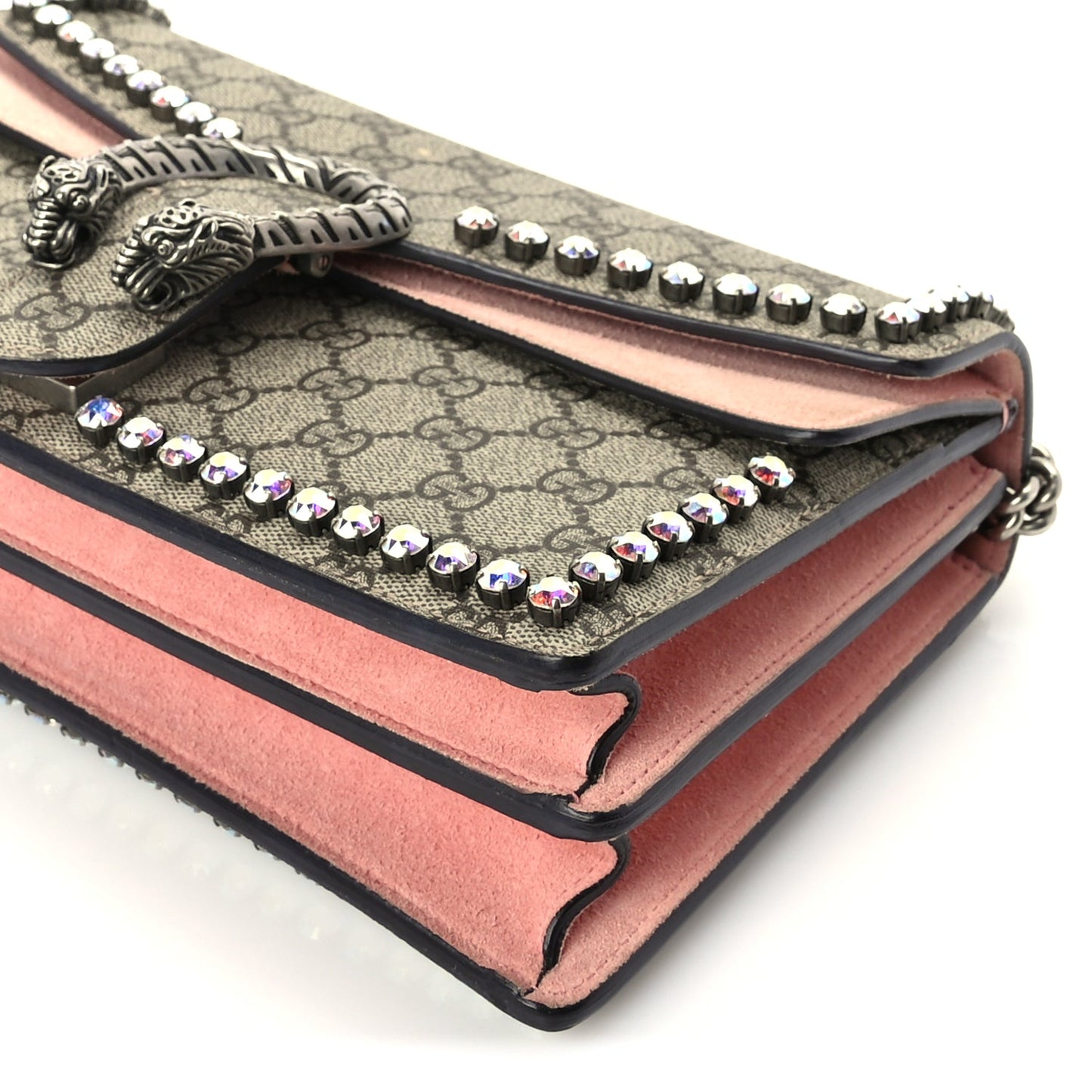 Gucci GG Supreme Monogram Suede Crystal Small Dionysus Shoulder Bag Beige Ebony Light Peonia