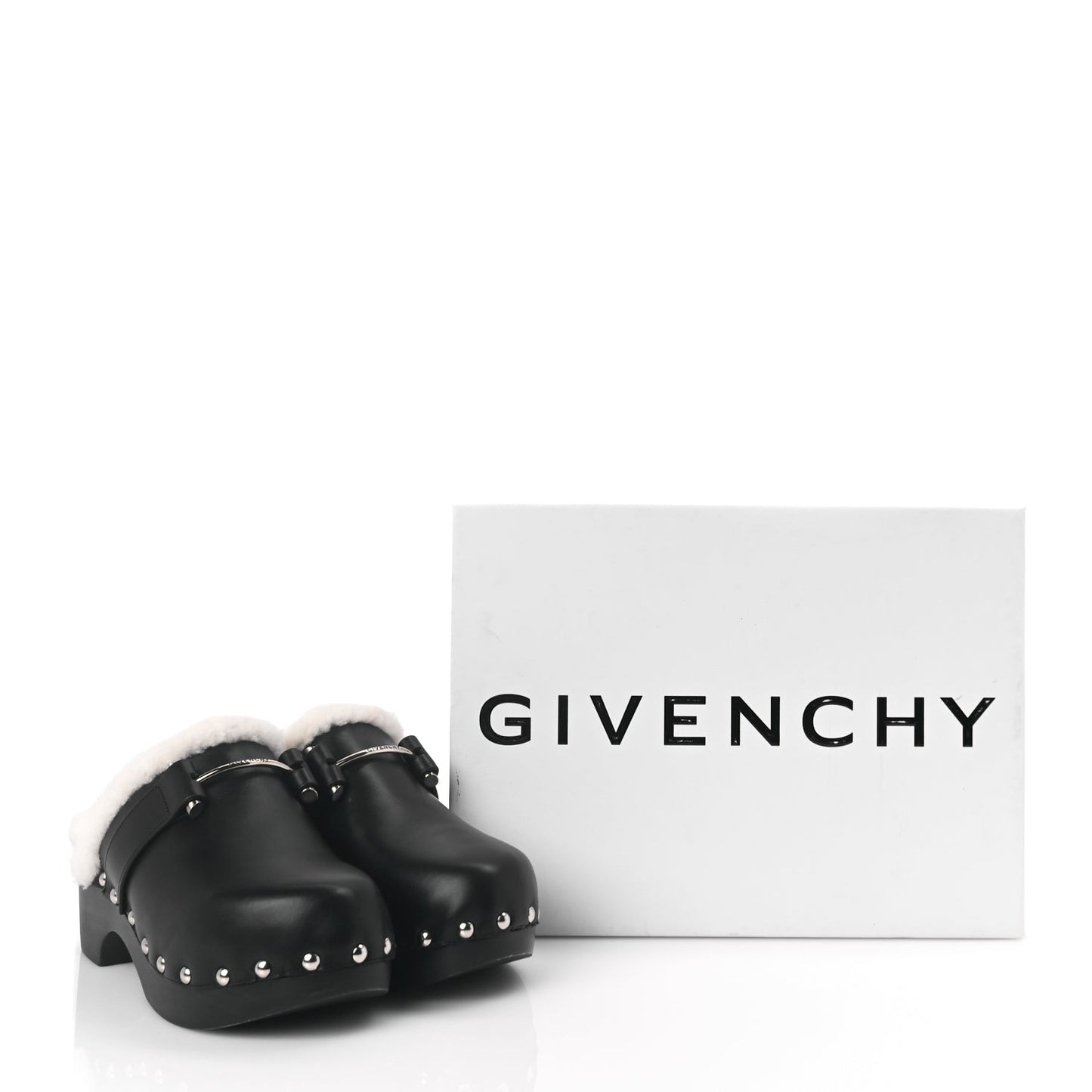 Givenchy Calfskin Shearling Studded Platform Clogs 38 Black
