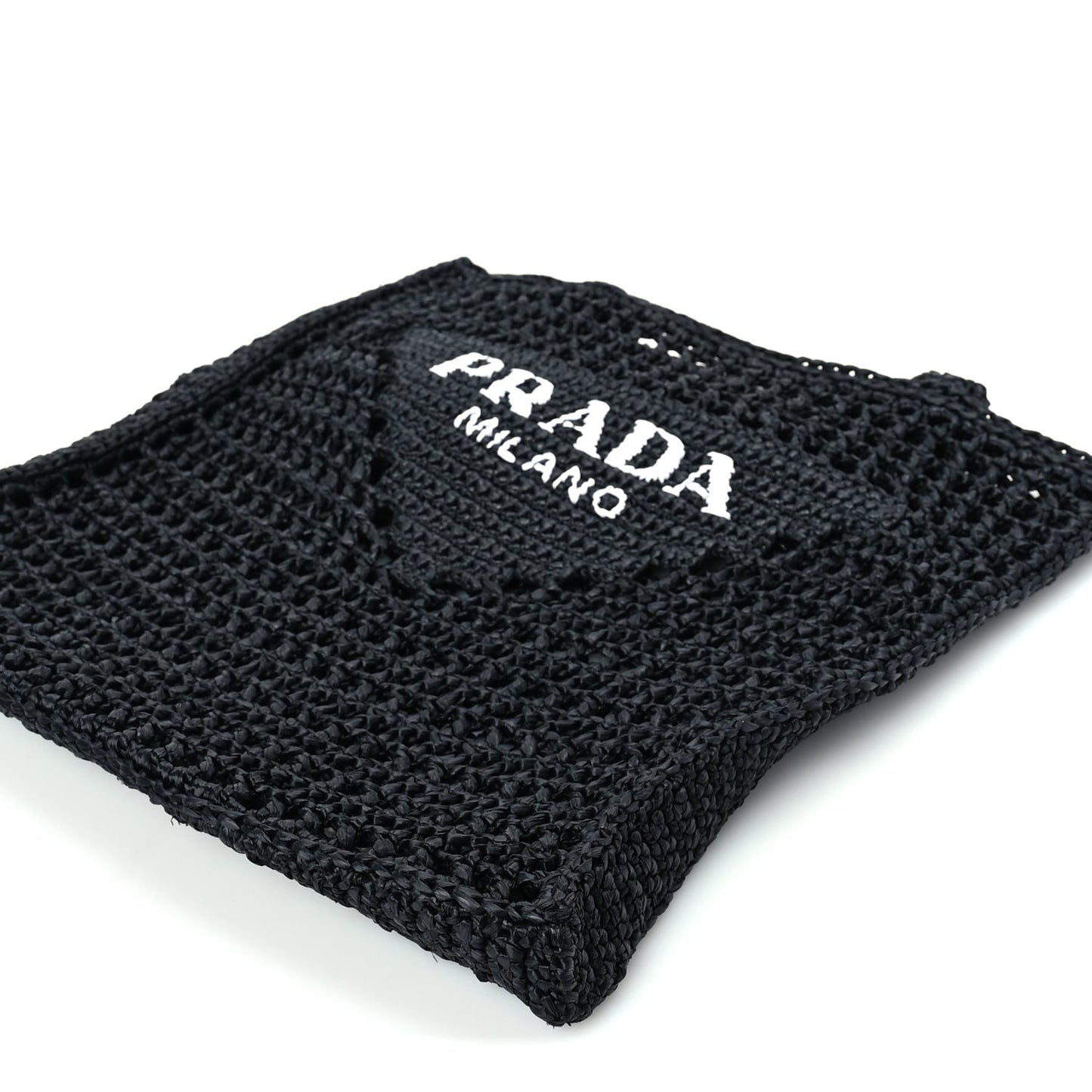 Prada Yarn Raffia Effect Crochet Logo Embroidered Tote Bag Black