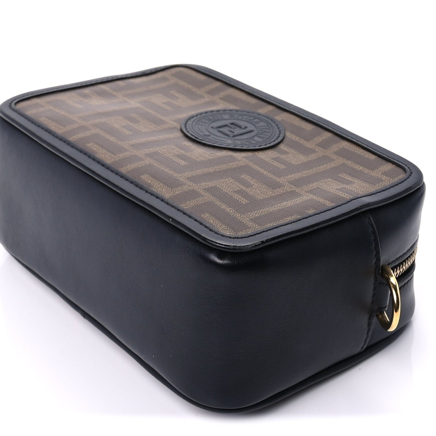 Fendi Glazed Fabric Vitello Century FF 1974 Stamp Patch Mini Camera Case Mogano Panna Black