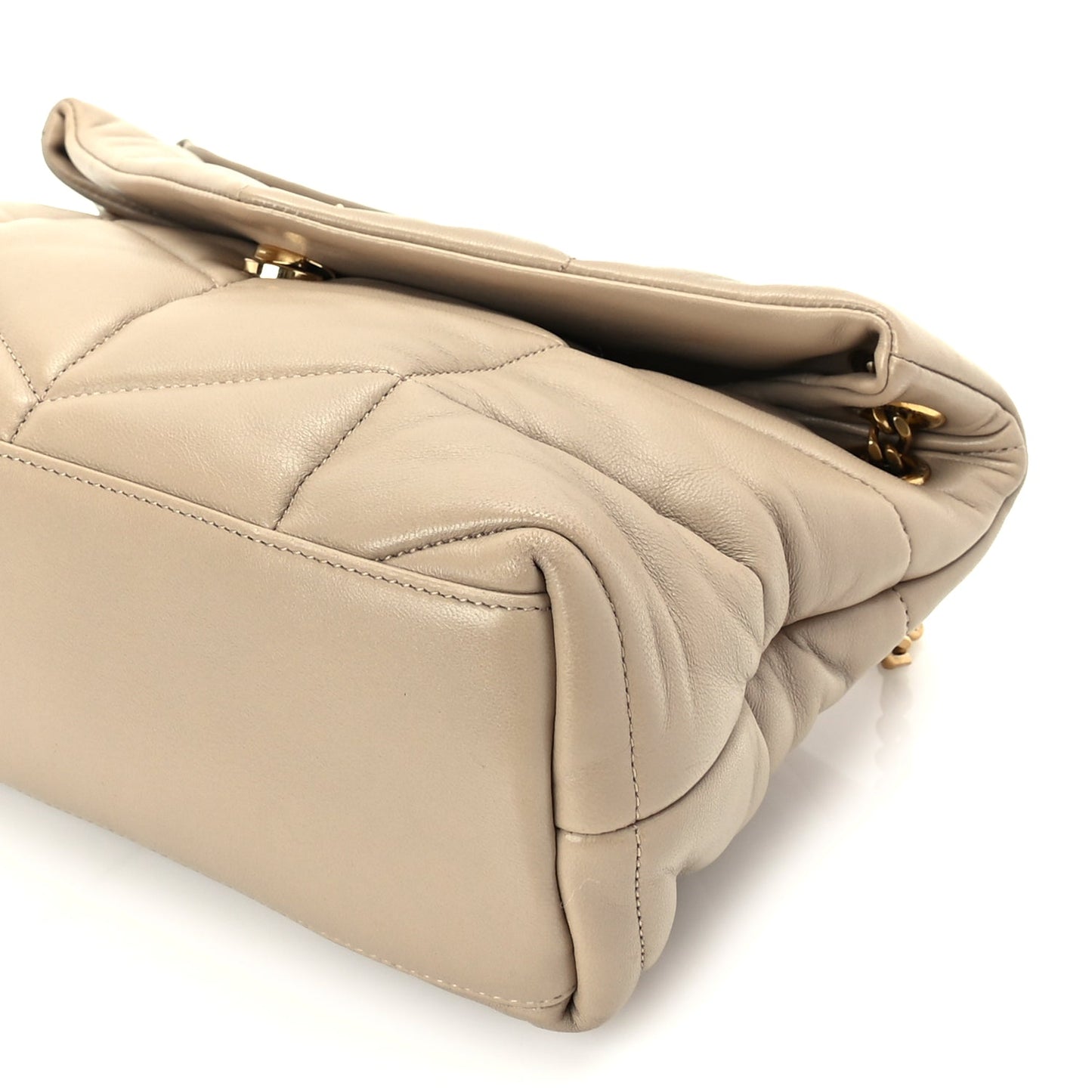 Saint Laurent Lambskin Quilted Small Loulou Puffer Monogram Chain Satchel Dark Beige Dark Beige