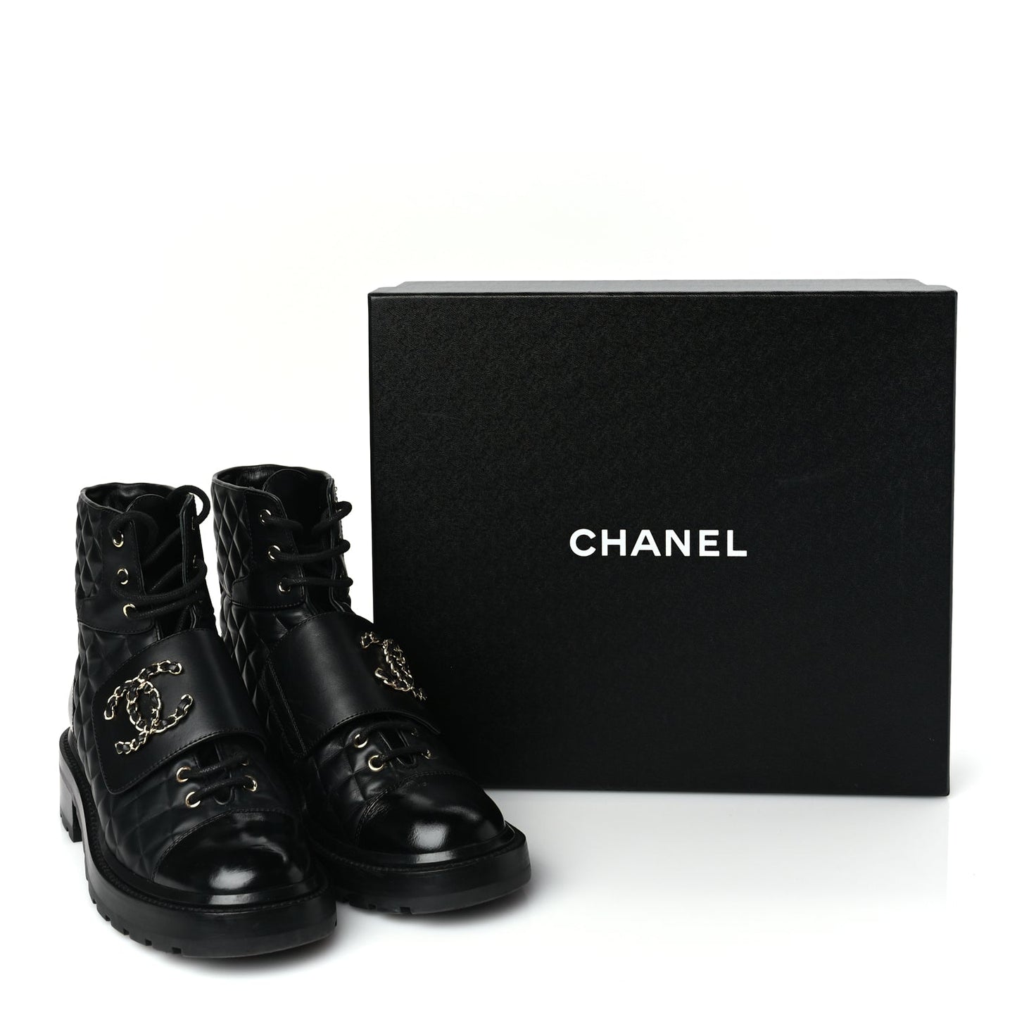 Chanel Shiny Calfskin Quilted Lace Up Combat Boots 39 Black