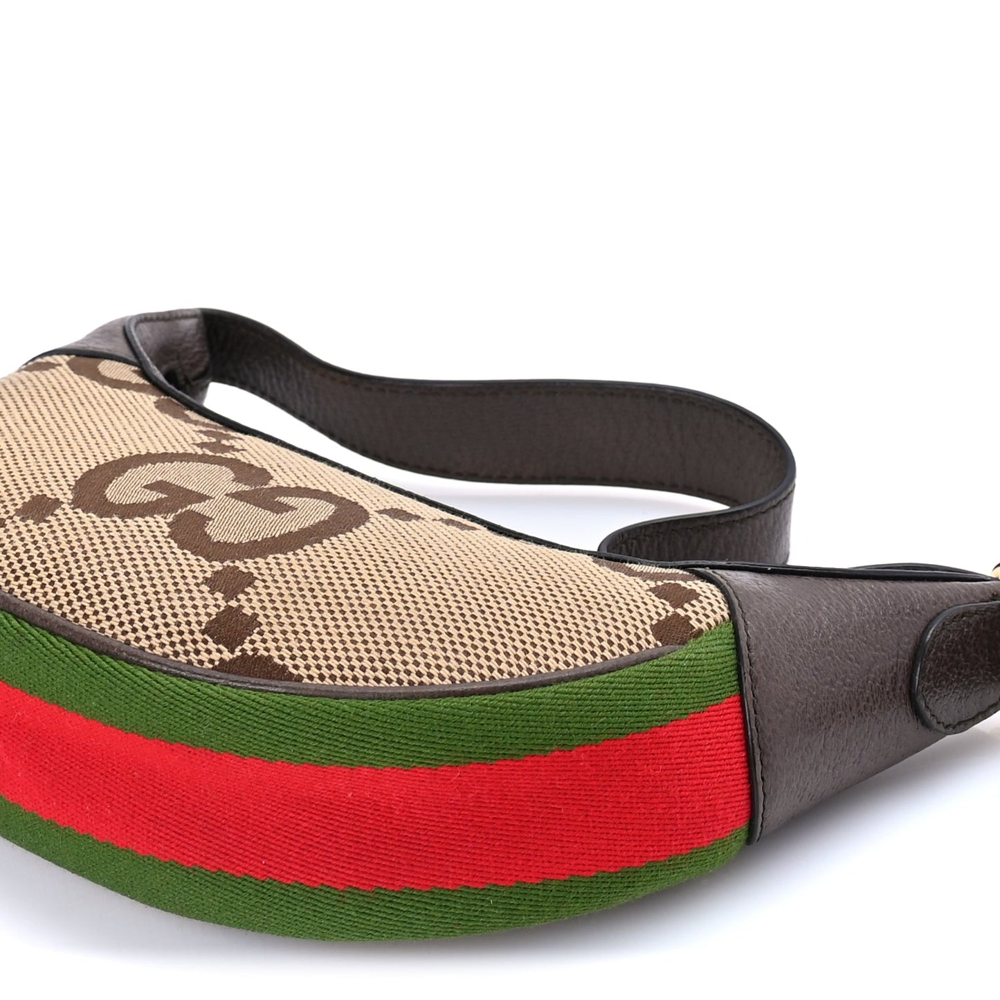 Gucci Monogram Jumbo GG Textured Dollar Calfskin Web Mini Ophidia Half Moon Hobo Camel Ebony New Acero