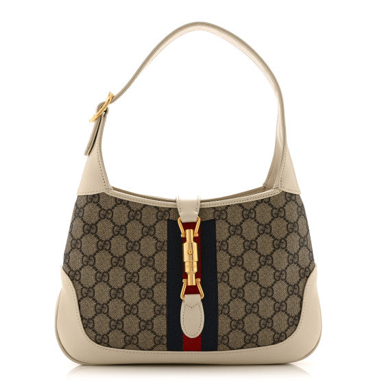 Gucci GG Supreme Monogram Azalea Calfskin Web Small Jackie 1961 Hobo Beige Ebony Mystic White