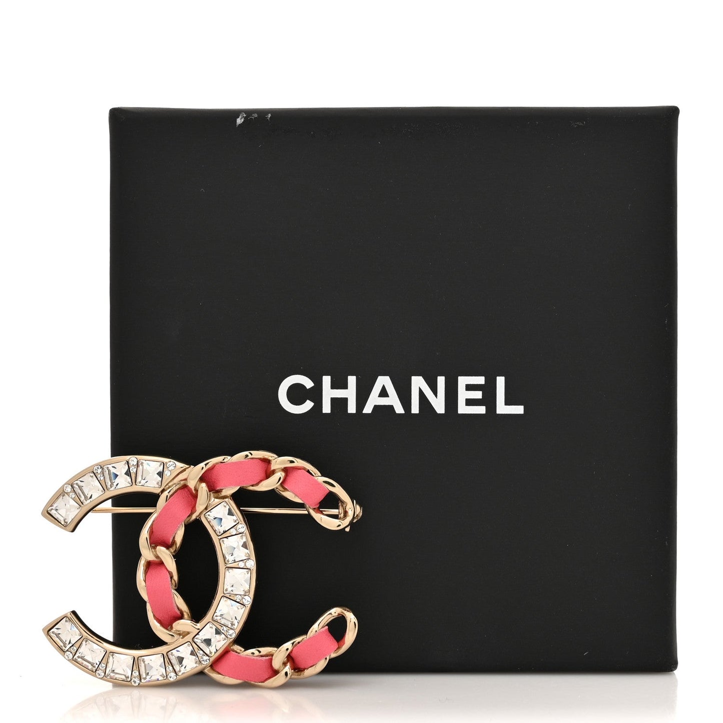 Chanel Lambskin Baguette Crystal CC Chain Brooch Pink Gold