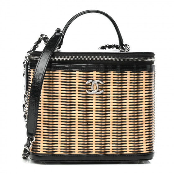 Chanel Glazed Calfskin Raffia Vanity Case Bag Black Beige