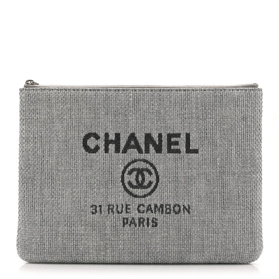 Chanel Woven Straw Raffia Medium Deauville Cosmetic Pouch Grey