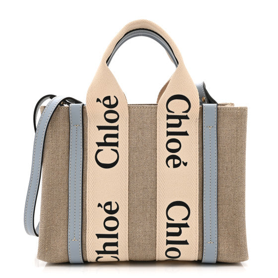 Chloe Cotton Calfskin Small Woody Ribbon Tote With Strap Light Blue