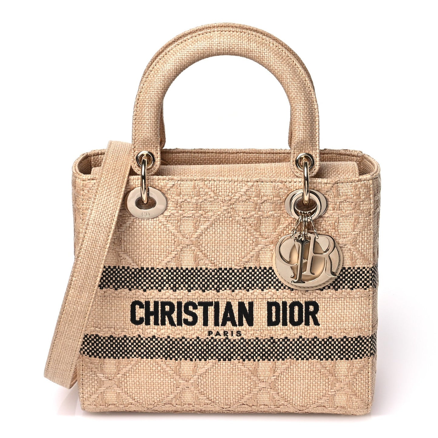 Christian Dior Raffia Woven Cannage Embroidered Medium Lady D-Lite Natural Black