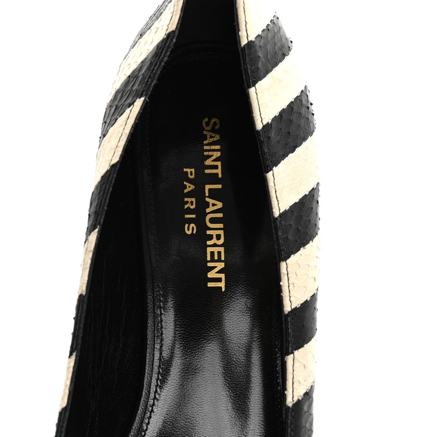Saint Laurent Elaphe Snakeskin Striped Kiki Kitten Heel Pumps 38.5 Black Off White