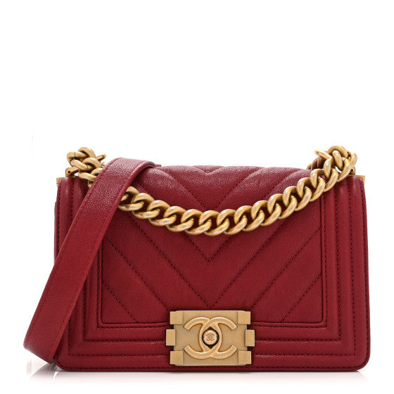 Chanel Caviar Chevron Quilted Small Boy Flap Dark Red