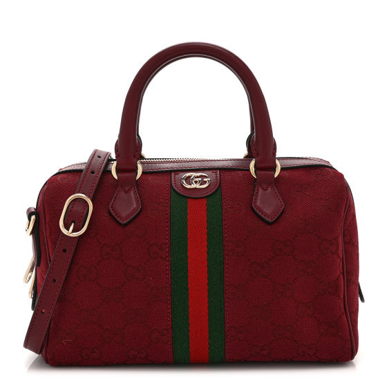 Gucci Denim Calfskin GG Monogram Small Ophidia Top Handle Bag Burgundy