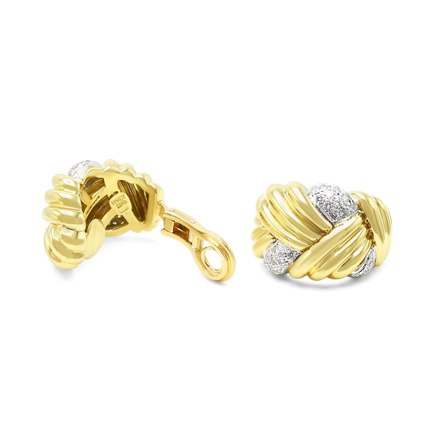 Diamond Set Woven Design Heavyweight Clip Earrings - 18ct Gold