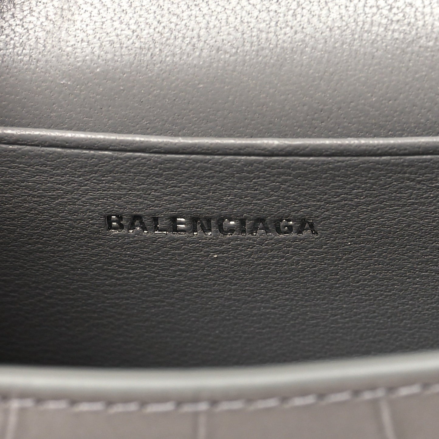 Balenciaga Shiny Calfskin Crocodile Embossed Hourglass Top Handle Bag Mini Steel Grey