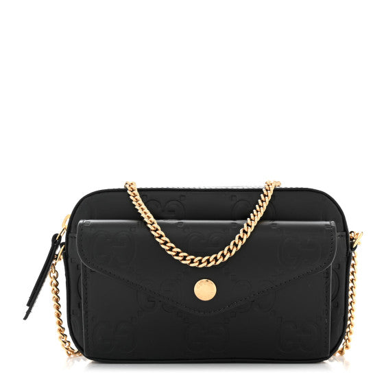 Gucci Calfskin GG Super Mini Debossed Chain Wallet Black