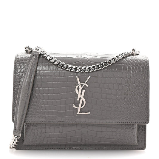 Saint Laurent Calfskin Crocodile Embossed Medium Monogram Sunset Fog