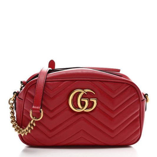 Gucci Calfskin Matelasse Small GG Marmont Chain Shoulder Bag Hibiscus Red