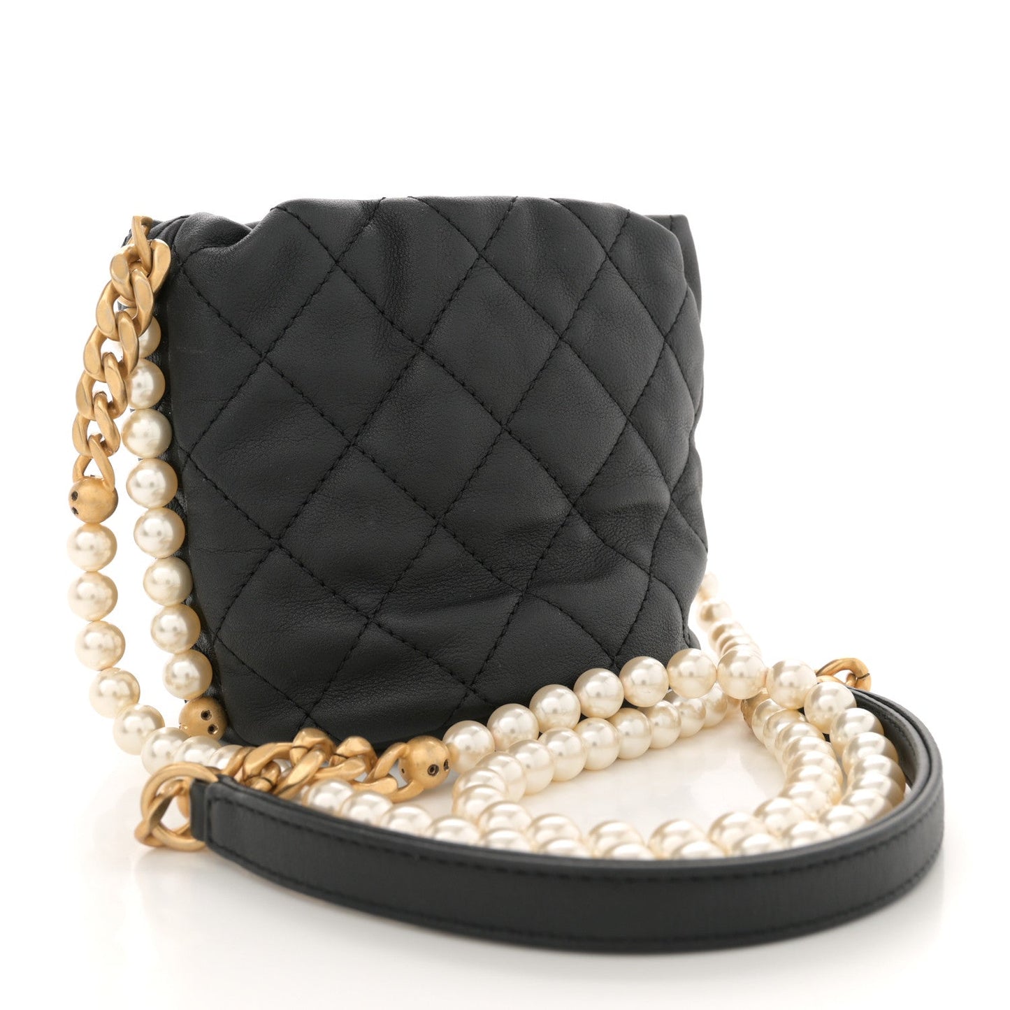 Chanel Calfskin Quilted Pearl Mini About Pearls Drawstring Bucket Bag Black