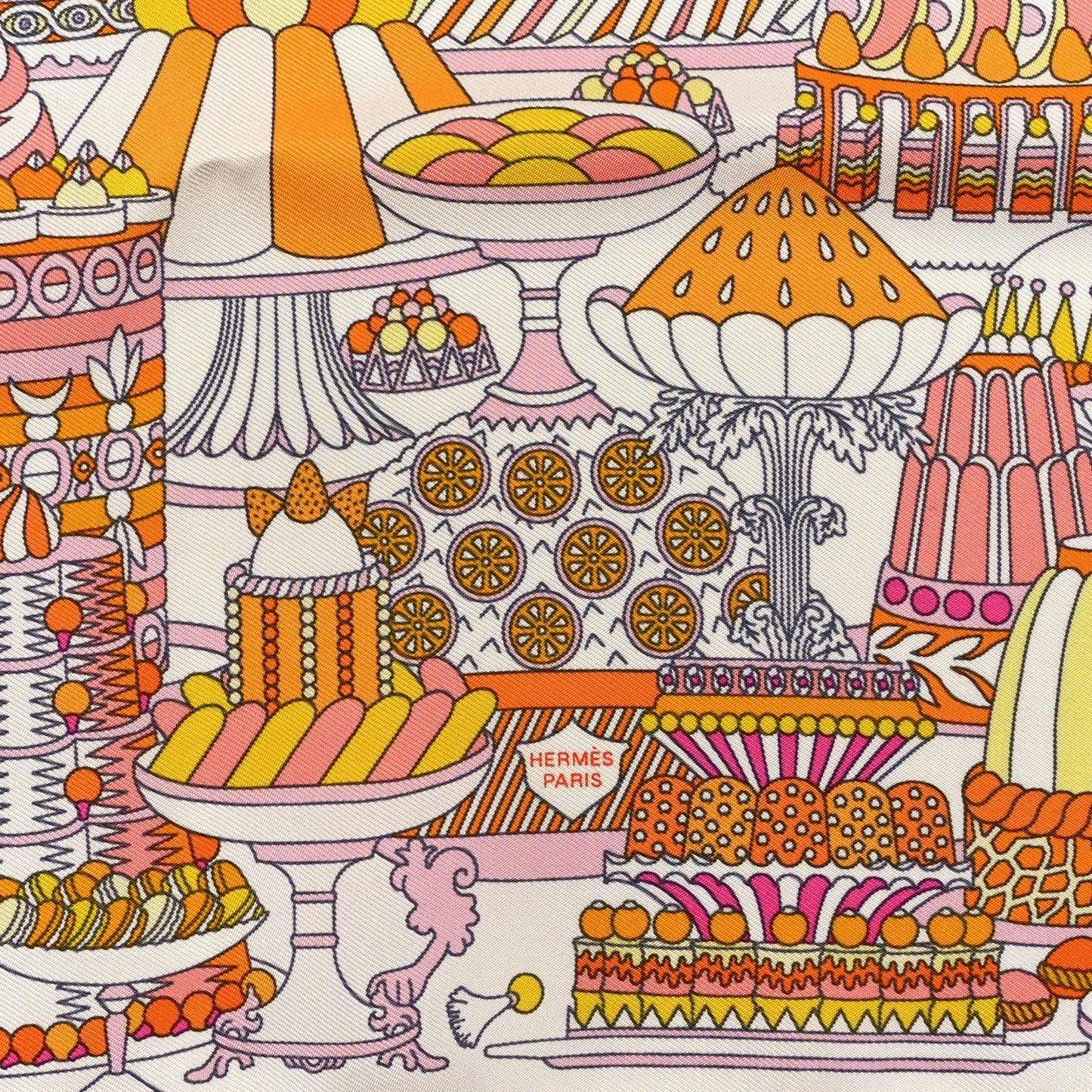 Hermes Silk La Patisserie Francaise Scarf 45 White Orange Jaune