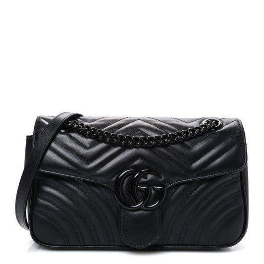 Gucci Calfskin Matelasse Monochrome Small GG Marmont Shoulder Bag Black