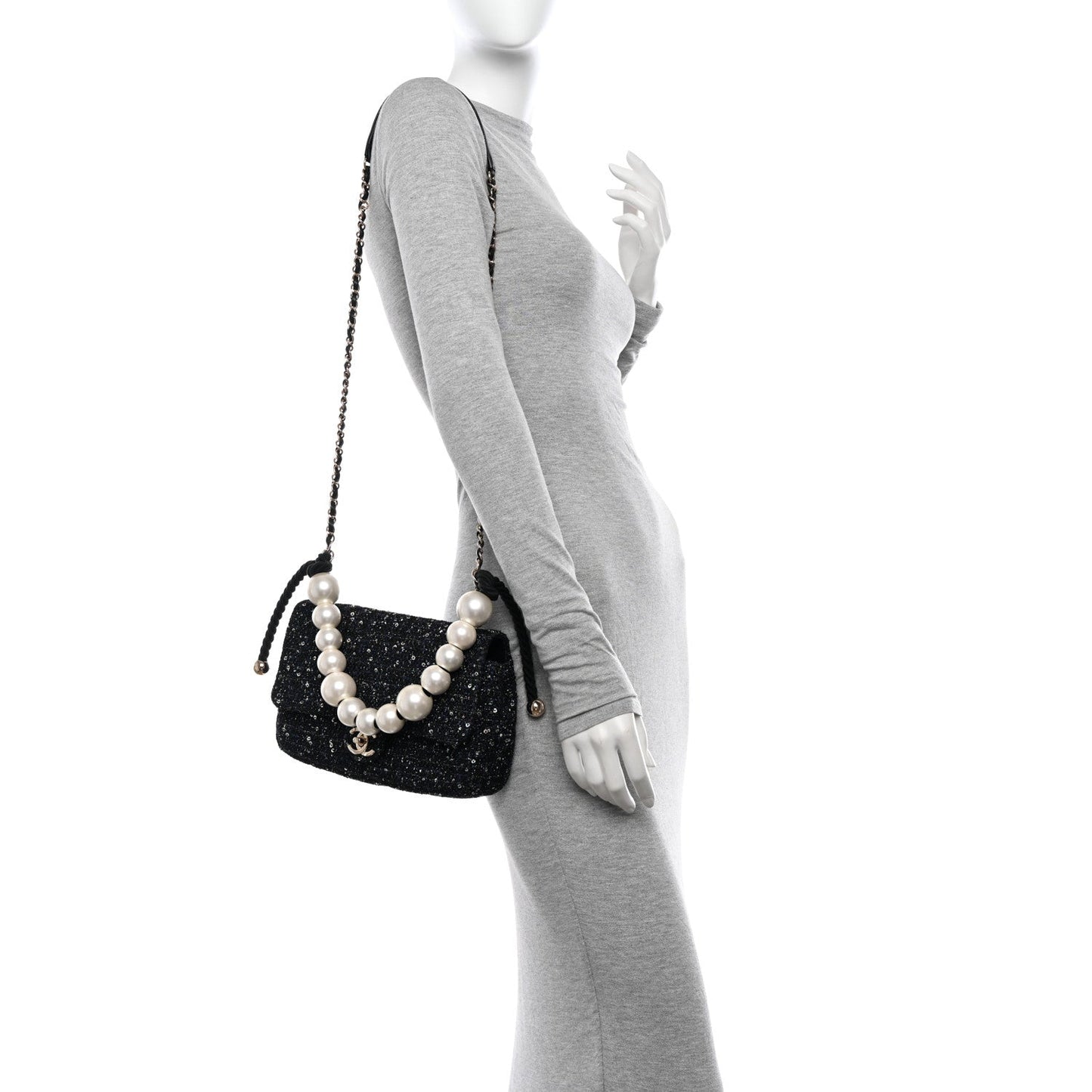 Chanel Tweed Medium Pearl Handle Flap Black Ecru