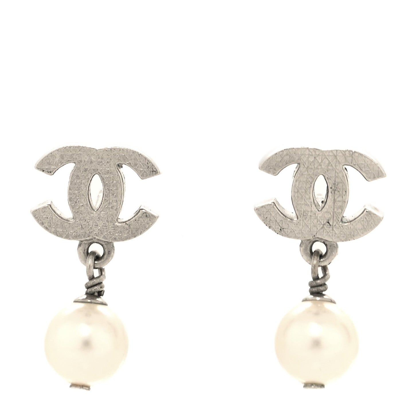 Chanel Pearl Quilted CC Drop Earrings Silver